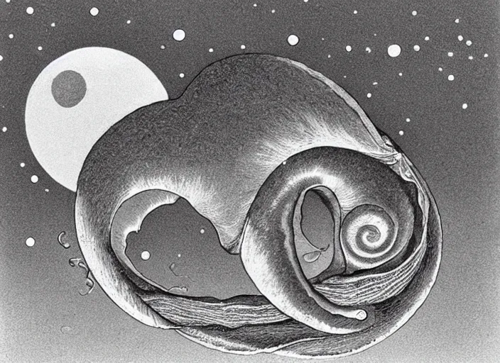 Image similar to a snail on the beach under the moon, by mc escher