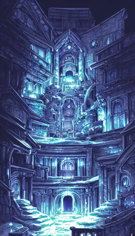Prompt: a beautiful detailed anime illustration of architecture catacomb by zack snyder, at dusk uv light at winter alien gem at night fantasy elysian retro infrared poppy nightvision neon noir anime crystal dramatic lightning, archdaily, wallpaper, highly detailed, trending on artstation.