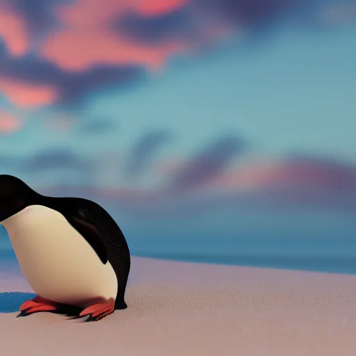 Image similar to realistic penguin at the beach during sunset. high details. 3 d render, octane render, wallpaper