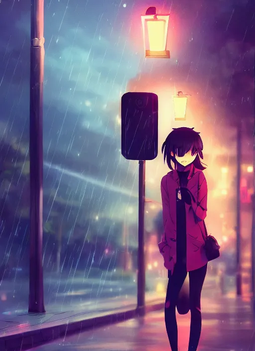 Image similar to listening to music at 2 am, night, pretty girl, pose, rain, lofi, lofi, peaceful, street light, anime key visual, poster, street wears, anime, by rossdraws, high quality, 4 k, trending, trending on artstation