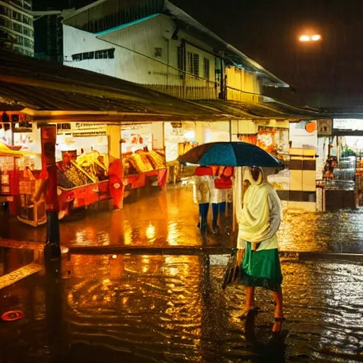 Image similar to A rainy night outside a Singaporean hawker centre, award-winning photography, cinematic lighting