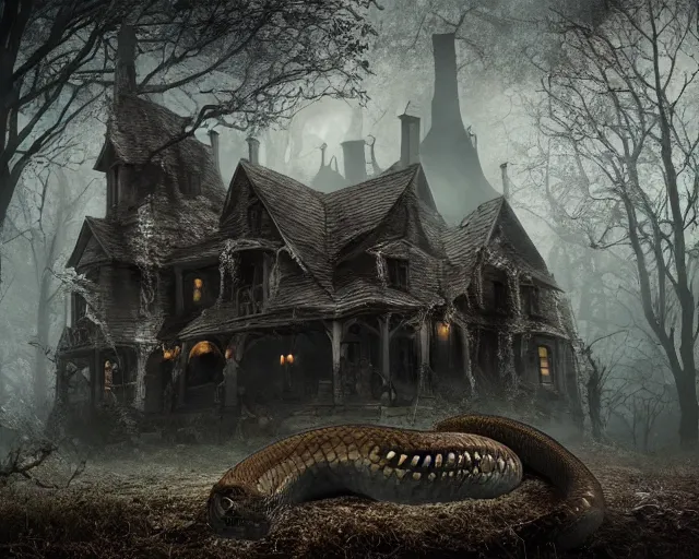 Image similar to the scariest witches house with giant snakes on the roof, in the scariest dark forest, epic scene, dark, scary, horror, frightening, fantasy, cinematic, redshift render, cgi, hyper - detailed, photo - bash, 8 k post - production, masterpiece, in the style of greg rutkowski