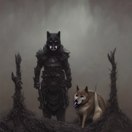 Prompt: bone armor black armor, anthropomorphic shiba inu, shiba inu face, stuning 3 d render, masterpiece, glowing black aura, foggy dark graveyard, by donato giancola and greg rutkowski and wayne barlow and zdzisław beksinski, realistic face