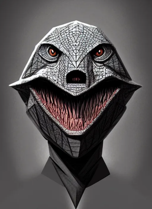 Image similar to anthropomorphic triangle head in edgy darkiron mr. bean, intricate, elegant, highly detailed animal monster, digital painting, artstation, concept art, smooth, sharp focus, illustration, art by artgerm, richard corben, wayne barlowe, trending on artstation and greg rutkowski and alphonse mucha, 8 k