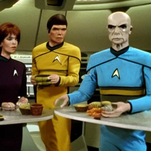 Image similar to Star Trek Replicator making Food Monsters, Random food creations killing Star Fleet Crew, Still from Star Trek the next generation,