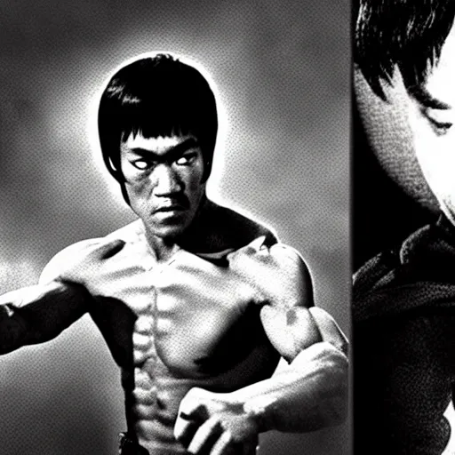 Image similar to a photo of bruce lee versus batman