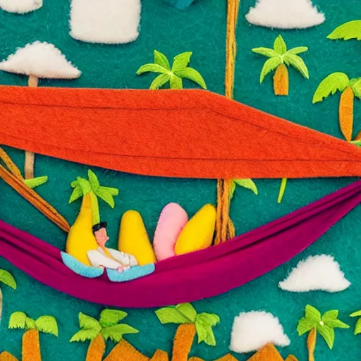 Image similar to detailed felt diorama of people sleeping in hammocks that look like bananas, jungle background with lots of palm trees