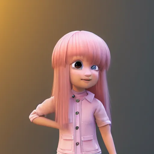 Image similar to Portrait of Nikki from Shining Nikki and Love, a cute 3d cgi toon young woman with long light pink hair, full bangs, hazel eyes, full face, light makeup, pale skin, Chinese heritage, cute outfit, medium shot, mid-shot, soft focus, 4k, trending on artstation, as a Pixar character