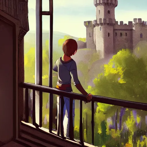 Prompt: A illustration of Max Caulfield on the balcony of a castle