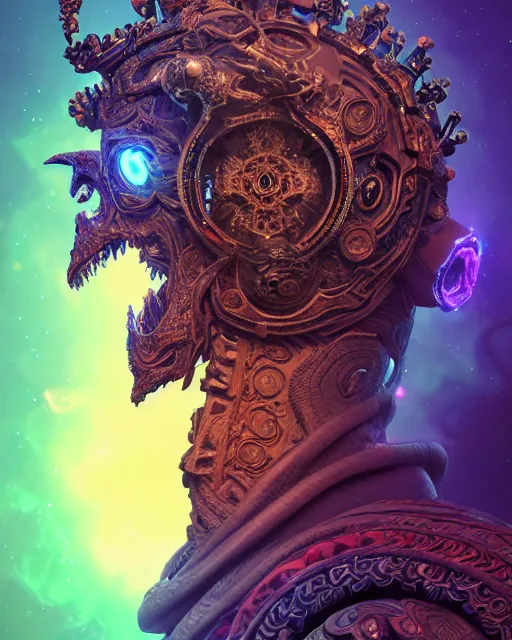 Image similar to 3 d ornate carved dark cosmic king with tattoos profile portrait, sigma 5 0 0 mm f / 5. beautiful intricate highly detailed quetzalcoatl skull. bioluminescent, plasma, lava, ice, water, wind, creature, thunderstorm! artwork by tooth wu and wlop and beeple and greg rutkowski, 8 k trending on artstation