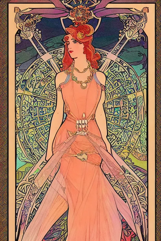 Image similar to full length painting of princess - peach!!!!!!! art nouveau, tarot card by mucha, gaudy colors, sharp edges, intricate line - work.