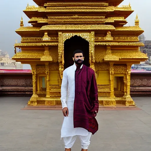Image similar to drake, hindu temple in background, wearing a silk kurta, photograph