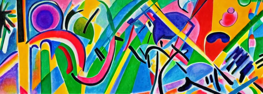 Prompt: party in jungles, author zima blue, very elongated lines, wasily kandinsky, malevich, pop art, color splashes, grain