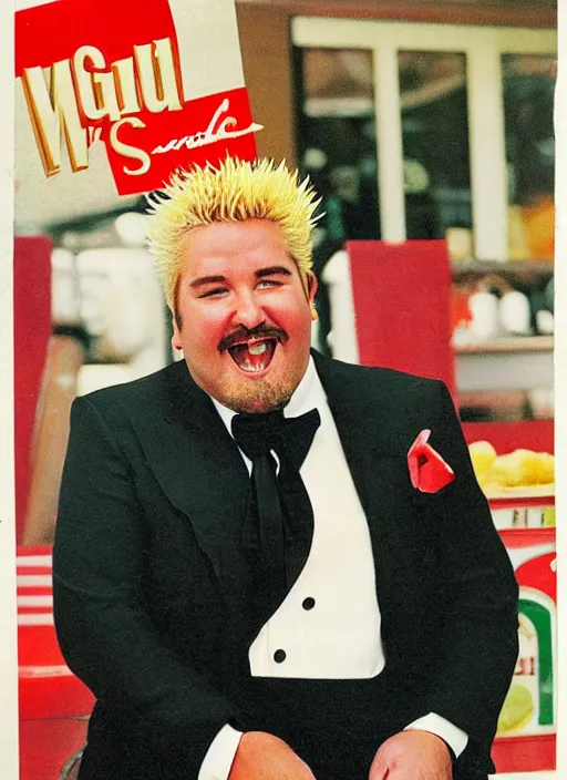 Image similar to vintage mcdonald's commercial depicting guy fieri wearing a tuxedo, by saul leiter