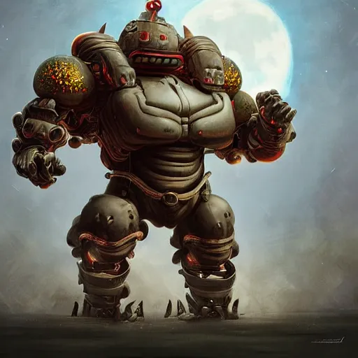 Image similar to A man facing a Giant Muscular hybrid of Spongebob and Mechagodzilla wearing Samurai outfit under the full moon illustration by Renato muccillo and Andreas Rocha and Johanna Rupprecht + dofus colors, wakfu colors + symmetry + greco-roman art, intricate ink illustration, intricate complexity, epic composition, magical atmosphere + wide long shot, wide angle + masterpiece, trending on artstation + 4k