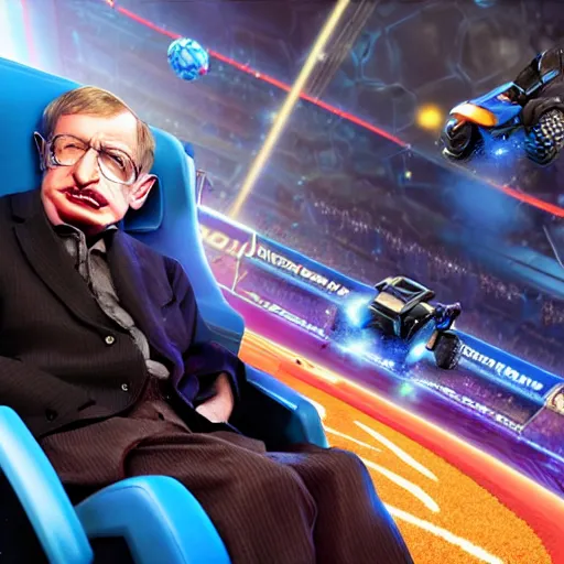 Image similar to stephen hawking in rocketleague, splash art, movie still, detailed face, photorealistic facial features, cinematic lighting, dramatic, octane render, long lens, shallow depth of field, bokeh, anamorphic lens flare, 8 k, hyper detailed, 3 5 mm film grain