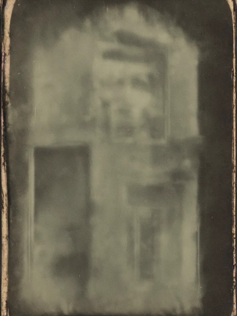 Image similar to a tintype photograph. the face of a ghost in the window of a house, next to the front door