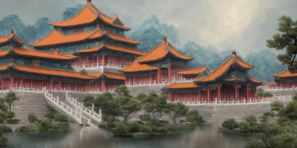 Image similar to magnificent chinese immortal palace, mineral color painting, concept art, dreamy, render by octane and blender, hyper realistic, cinematic lighting, unreal engin 5, by krenz cushart, 8 k, vray render, artstation, deviantart