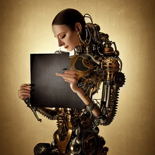 Prompt: a beautiful intricate fine art portrait photo of a a mechanical industrial steampunk cybernetic robot reading a letter held in her hands, by tom bagshaw and zach sutton, perfection!, happiness!!, golden ratio composition, studio lighting, 50mm lens, very detailed, bionic, cybernetic scifi, deep depth of field, artstation, 8K, highly coherent