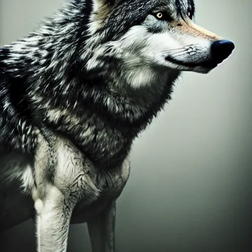 Prompt: an wolf + man + hybrid, animal photography