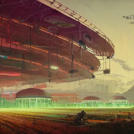 Image similar to a farm inside of a stadium, Simon Stalenhag, Wadim Kashin, solarpunk, utopian socialism, detailed, 4K, cinematic