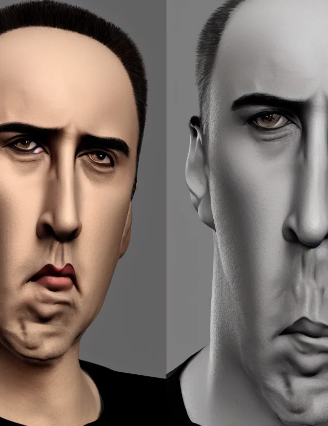 Image similar to portrait of bald nicolas cage neutral expression face straight on headshot even lighting no hair, trending on artstation