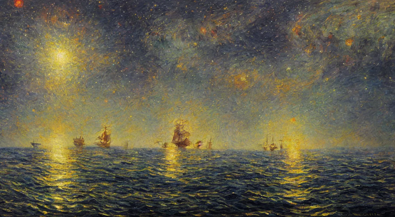 Prompt: an ironclad warship sailing through a sea of stars, oil on canvas, impressionism, intricate