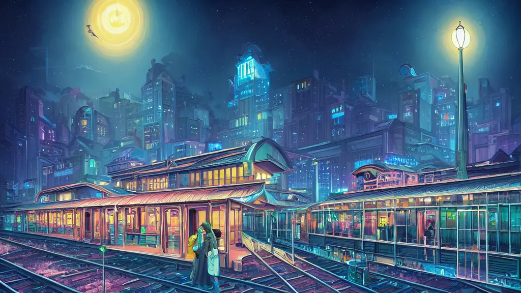 Image similar to the central train station on the outskirts of the city at night by cyril rolando and naomi okubo and dan mumford. advertisements. neon.