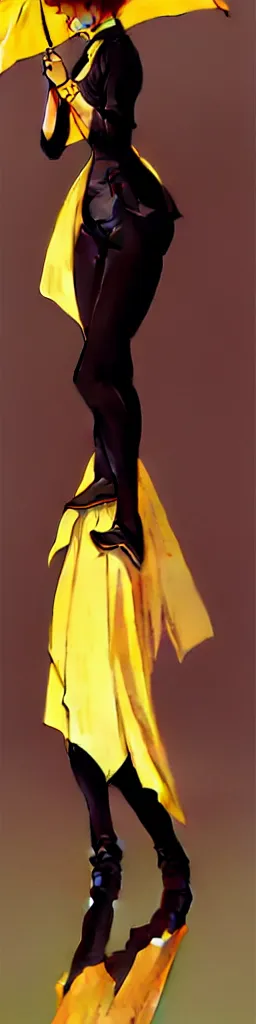 Image similar to A very tall, slender woman wearing black puffy clothes and holding a yellow umbrella, sharp focus, intricate, elegant, digital painting, artstation, matte, highly detailed, concept art, illustration, ambient lighting, art by artgerm, Alphonse mucha, and Greg Rutkowski