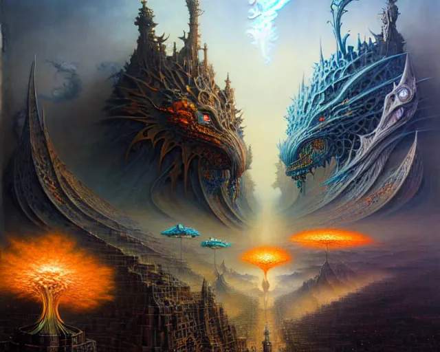 Image similar to street view of the battle of good and evil, fantasy landscape made of fractals facing each other, ultra realistic, wide angle, intricate details, the fifth element artifacts, highly detailed by peter mohrbacher, hajime sorayama, wayne barlowe, boris vallejo, aaron horkey, gaston bussiere, craig mullins