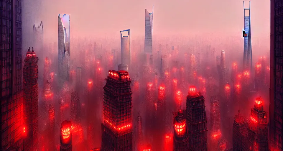 Prompt: shanghai!!, distopian, smog, tall buildings, red ( ( light ) ), very detailed picture, by marc simonetti