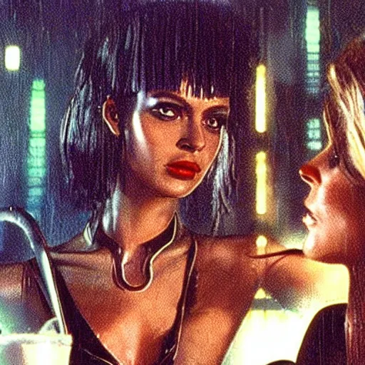 Image similar to 1 9 8 2 film stills of blade runner's rachel with beyonce, getting drinks at a futuristic bar. dark and atmospheric, touches of frank lloyd wright and syd mead,.