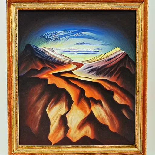 Image similar to oil painting of Fire Mountain by Szukalski