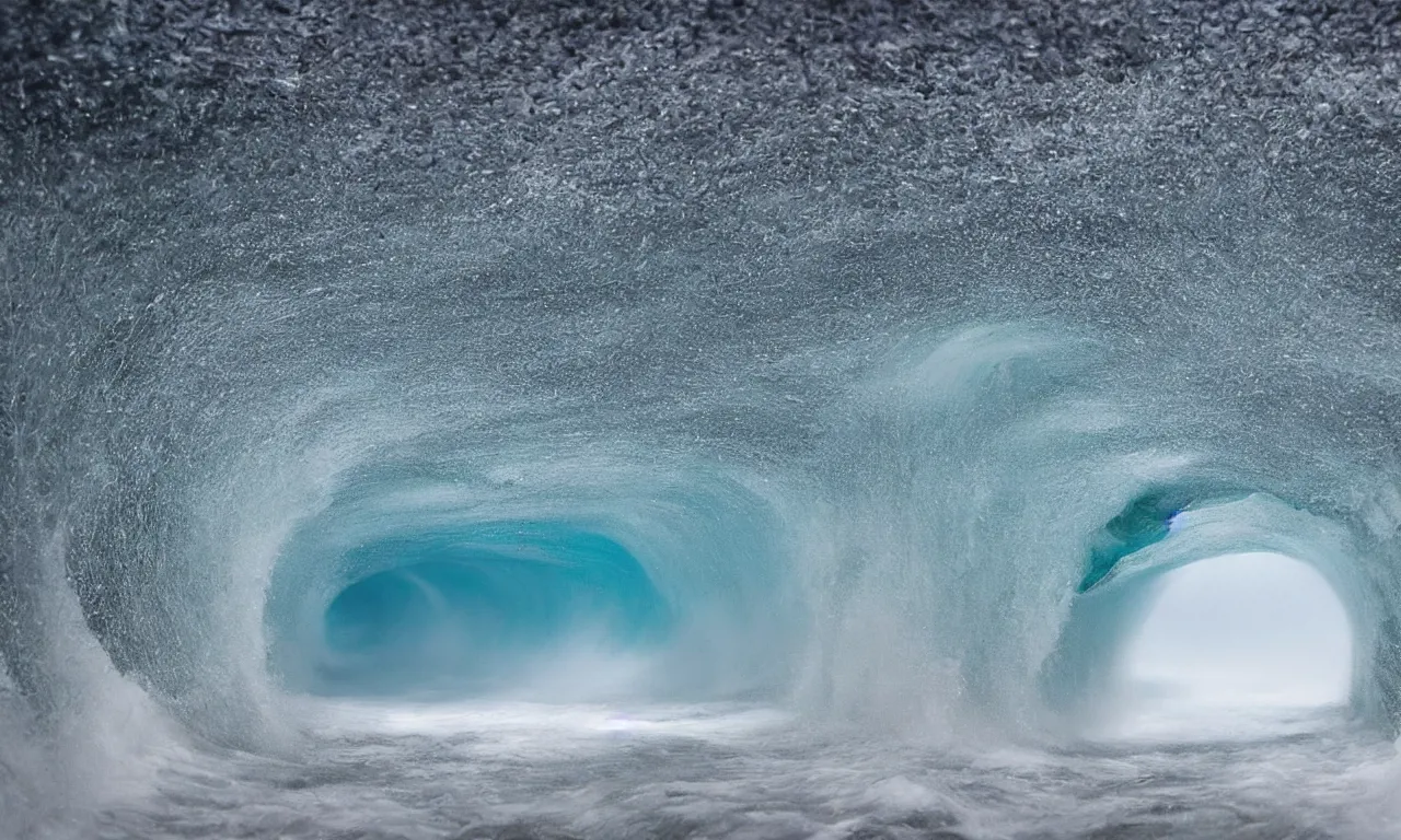 Image similar to giant waves rolling over, inside the tunnel, with great white shark inside the wave tunnel, by national geographic, high speed photography, refractions, nazare (portugal)