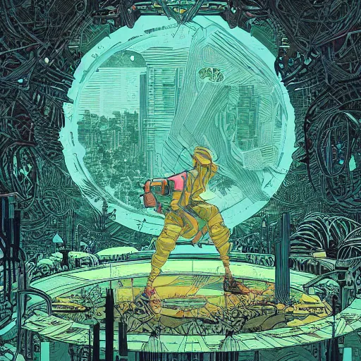 Image similar to Stunningly intricate illustration of a single cyberpunk explorer overlooking an ancient circular portal in a lush forest, highly detailed, midnight, by Victo Ngai and James Gilleard , Moebius, Laurie Greasley