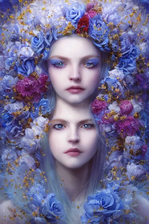 Image similar to a pale girl with white hair wears floral crown, sad blue eyes, cinematic lighting, ultra detailed, highly detailed, sharp focus, golden background with flowers, golden jewellery with blue sapphires, photographic, art by artgerm and greg rutkowski and zdislav beksinski