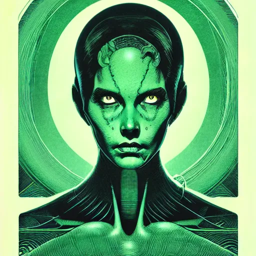 Image similar to portrait top light, by killian eng and joe fenton and martin deschambault and conrad roset, inspired by alien movie 1 9 7 9, green duotone print, etching, fine, sharp high detail,