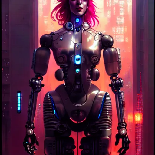 Prompt: beautiful cyberpunk character portrait, robots, scene with extremely large and intricate cyberpunk bionics, futuristic chrome drones, ultra realistic, dramatic lighting, the fifth element artifacts, highly detailed by peter mohrbacher, hajime sorayama, wayne barlowe, boris vallejo, aaron horkey, gaston bussiere, craig mullins