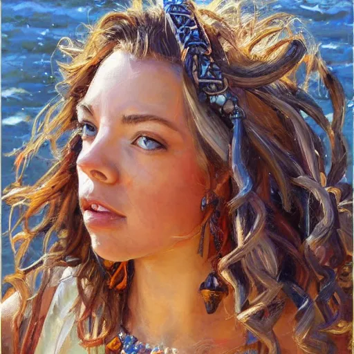 Image similar to sydney sweeney with wooden jewelry, mediterranean features, fantasy character portrait by Michael Garmash, Donato Giancola