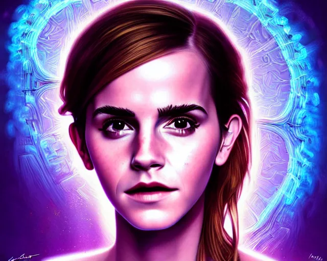 Prompt: portrait of emma watson, fractal neon glowing diagram background, intricate purple dress, digital art by artgerm and karol bak