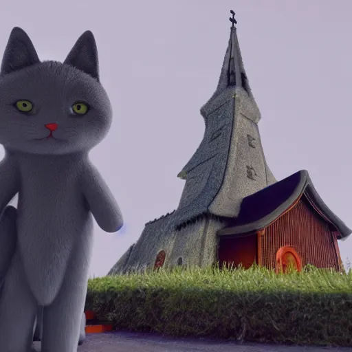 Prompt: claymation of a fluffy grey cat pointing it's paw at a priest in front of a white stave church by studio ghibli fantastic realism ultra - wide angle lens, early morning - - ar 4 : 3