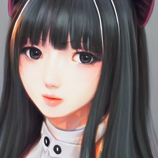 Image similar to realistic detailed semirealism beautiful gorgeous cute Blackpink Lalisa Manoban wearing Japanese school uniform, black hair black cat ears, black leather choker, proportional body, WLOP, Aztodio, Taejune Kim, sakimichan, ArtGerm, Pixiv, Instagram, Artstation