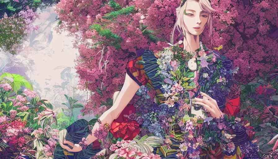 Image similar to a digital painting of a woman wearing gucci exploring a magical japanese temple, lush plants and flowers, eco - cyberpunk art by james jean, cgsociety, retrofuturism, anime aesthetic, chromatic, iridescent