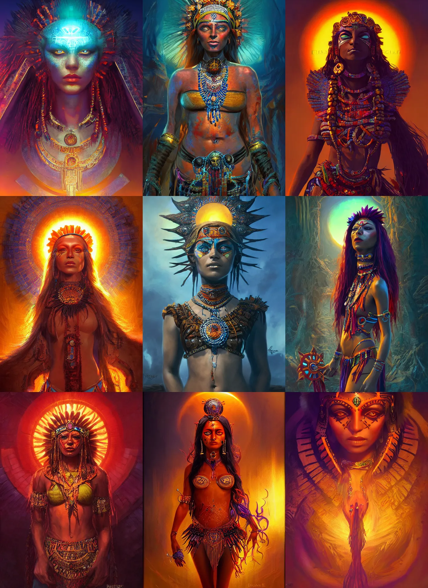 Image similar to aztec sun goddess, vivid colors, dark shadows, contrast, concept art, sharp focus, digital art, Hyper-realistic, 4K, Unreal Engine, Highly Detailed, Dramatic Lighting, Beautiful, by Brom, bastien lecouffe-deharme