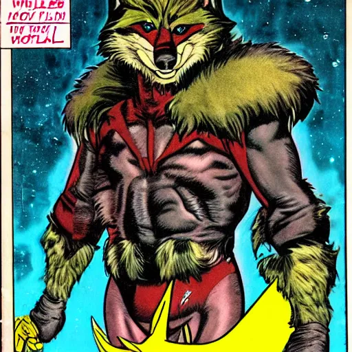 Image similar to 1 9 8 0 s comic book cover scan featuring a portrait of villain male wolf o'donnell anthropomorphic wolf furry fursona from starfox wearing a dark space mercenary uniform, dark grey wolf, handsome eyes, wolf o'donnell