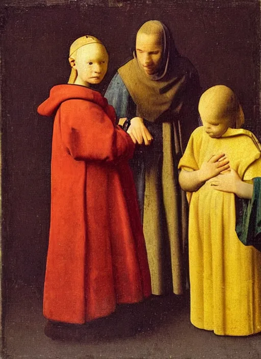 Image similar to Two little brothers meet a young man, medieval painting by Jan van Eyck, Johannes Vermeer, Florence