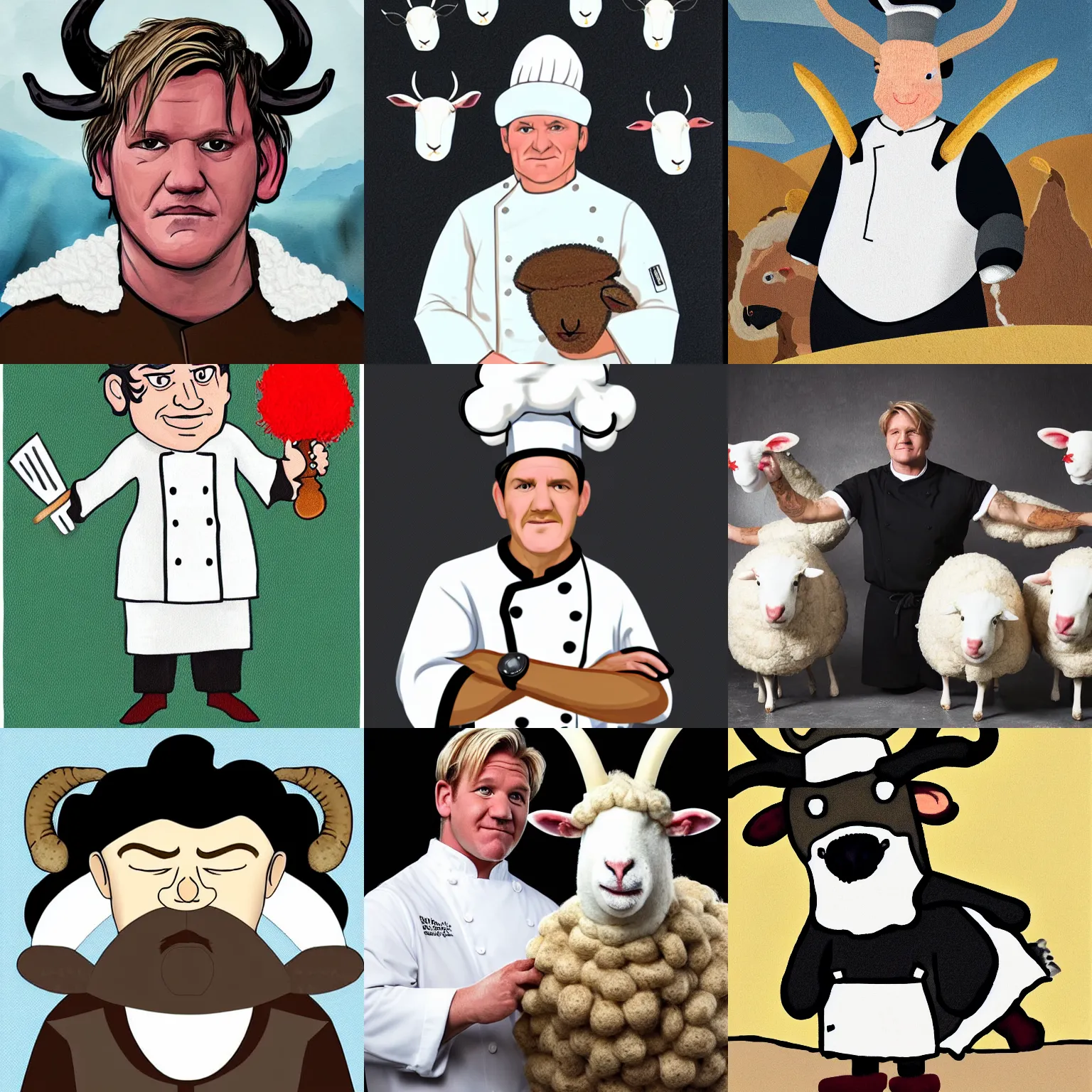 Prompt: portrait of chef gordon!! ramsay!! as sheep with horns and wool