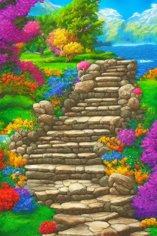 Prompt: stone steps fantasy landscape by lisa frank