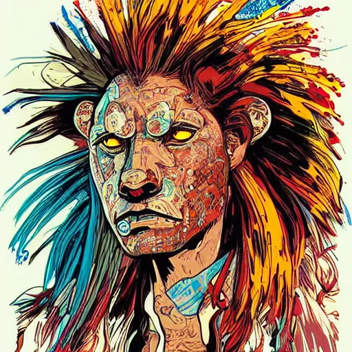 Prompt: cyberpunk lion implants cyborg portrait illustration, pop art, splash painting, art by geof darrow, ashley wood, alphonse mucha, makoto shinkai