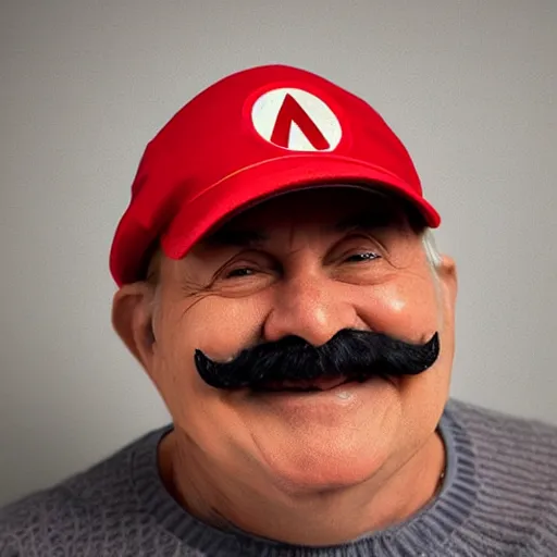 Prompt: Portrait Photo of old Super Mario smiling into the camera wearing his red cap, gray hair, smiling softly, super mario bros, realistic, 4k/8, real, photoshooting, relaxing on a modern couch, interior lighting, cozy living room background, medium shot, mid-shot, soft focus, professional photography, Portra 400